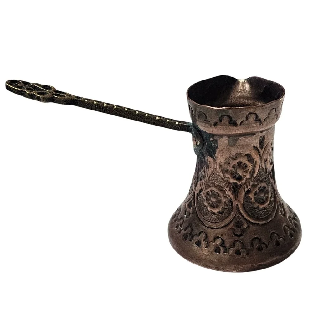 Vintage Small Copper Turkish Coffee Pot Engraved Floral Ibrik